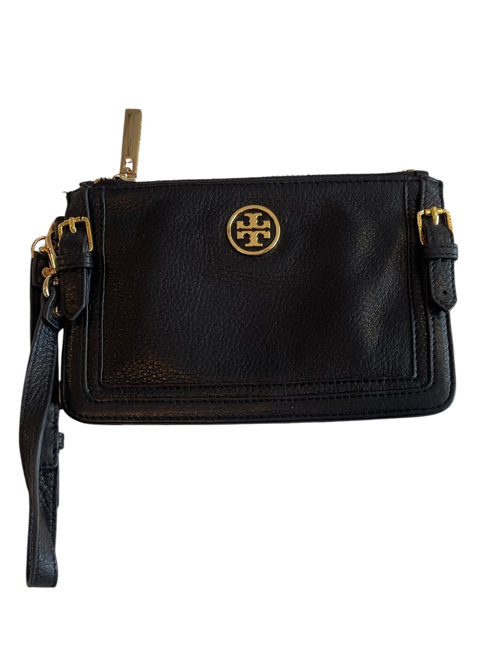 Tory Burch Black Leather Wristlet with Gold Logo